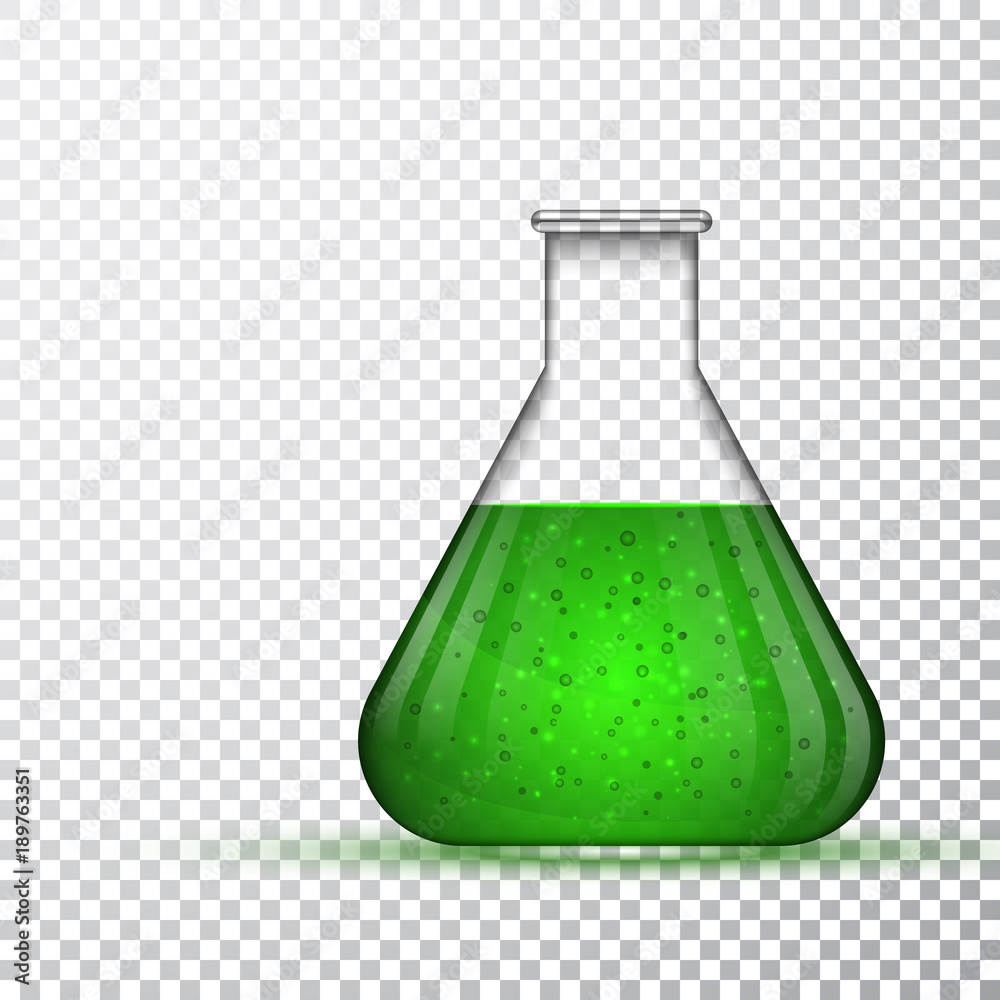 laboratory glassware or beaker. Chemical laboratory transparent flask with green liquid. Vector