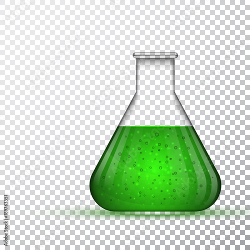 laboratory glassware or beaker. Chemical laboratory transparent flask with green liquid. Vector illustration