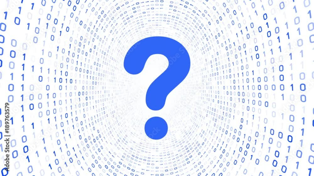 Blue question mark icon form blue binary tunnel on white background. Seamless loop. More icons and color options available in my portfolio.