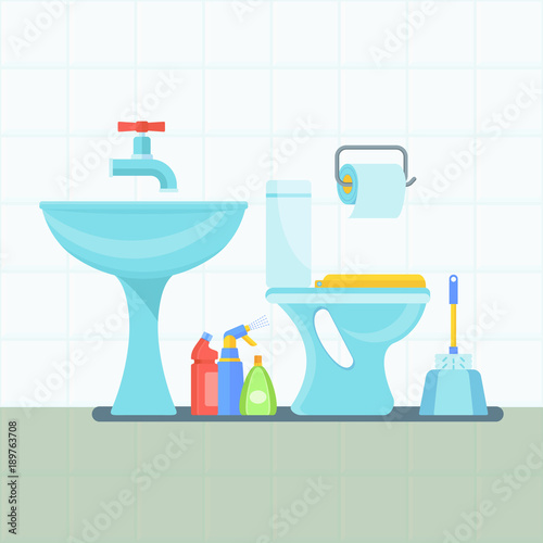 Bathroom interior. Cleanliness and hygiene in the house. Accessories for showering. Flat vector cartoon illustration. Objects isolated on white background.
