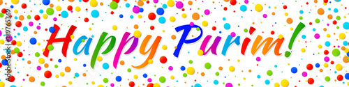 Happy Purim Web Banner  carnival text with colorful rainbow colors paper confetti frame isolated on white background. Birthday template. Purim Jewish holiday. Vector illustration.