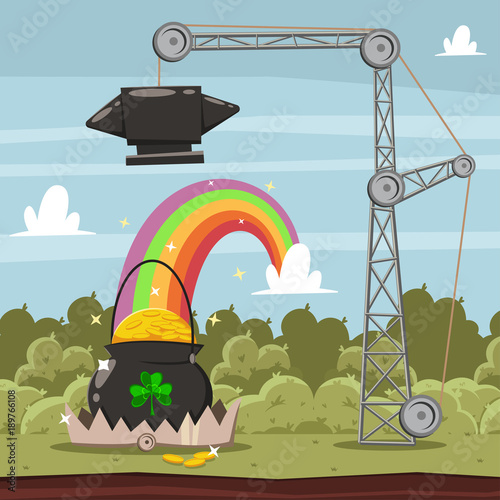 Leprechaun trap and an anvil from above. Vector cartoon illustration of a pot of gold coins, rainbow and a shamrock for St. Patrick's day.