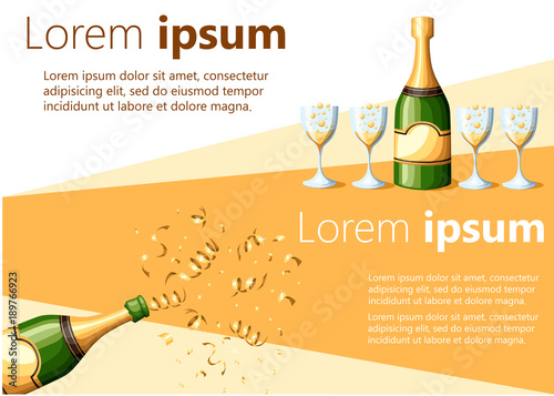 Champagne bottle explosion in gold foil and poured into glasses vector illustration isolated on white and yellow background with place for your text website page and mobile app design