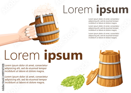 Hadn holding beer mug and wooden barrel with handles and lid for hebs and hops vector illustration isolated on white background with place for your text website page and mobile app design