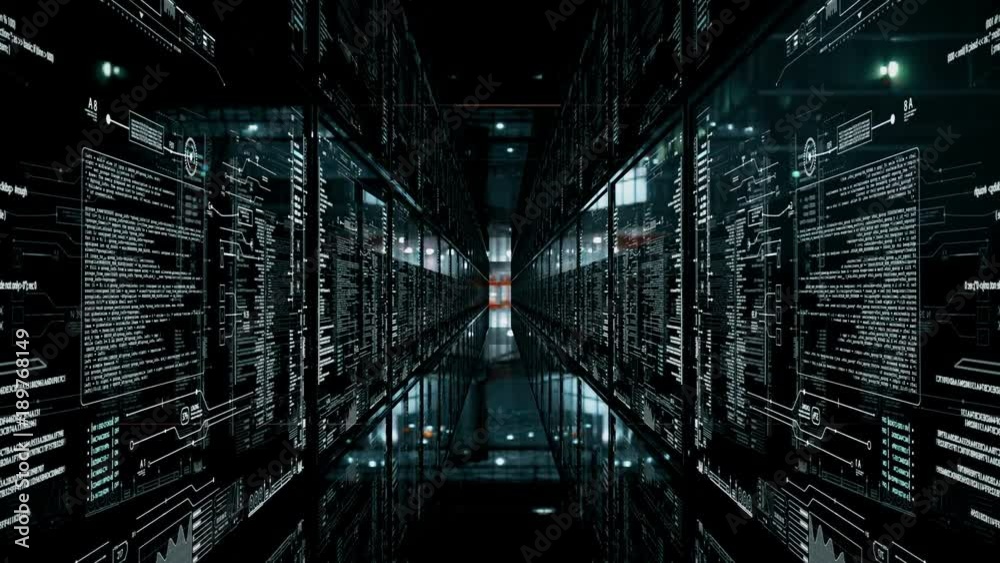 Glass digital tunnel original.Seamlessly looping corridor with HUD servers in data center.Good for Broadcast technology and computers news report.As opener or screensaver in TV show.Type 4