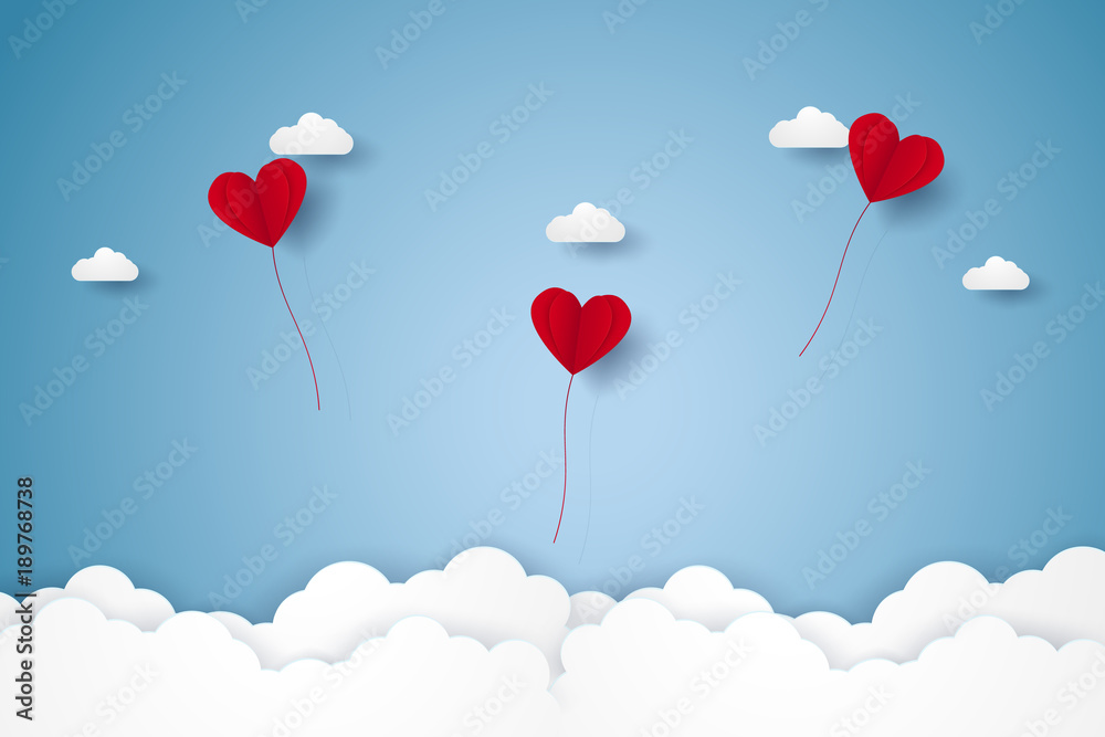Valentines day , Illustration of love , red heart balloons flying in the sky , paper art style