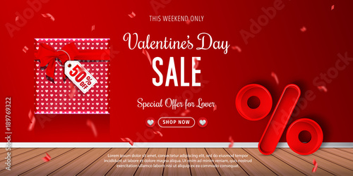 Valentines Day Sale banner with 3d percentage symbol, isolated on percentage background. Valentines Day special offer.
