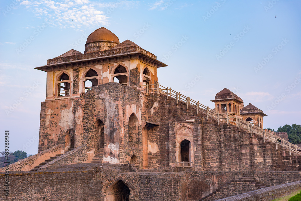 Mandu India, afghan ruins of islam kingdom, mosque monument and muslim tomb. Architectural details.