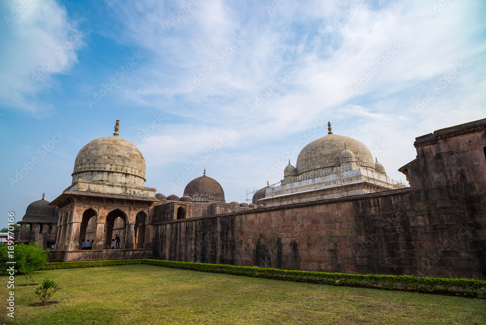 Mandu India, afghan ruins of islam kingdom, mosque monument and muslim tomb. Architectural details.