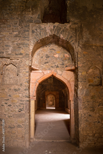 Mandu India, afghan ruins of islam kingdom, mosque monument and muslim tomb, interior details.