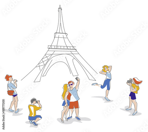 Travelers at Eifel tower, France taking a photo and selfie, tourists, Vector Illustration, clip art. People taking a photo and selfie using camera and mobil. 