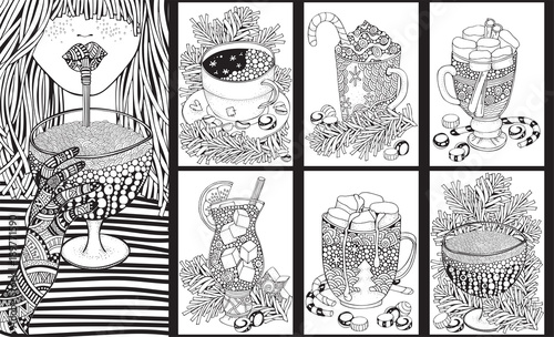A set of glasses and mugs with drinks. Adult Coloring book page. Christmas decoration. Black and white Pattern. Zentangle style.