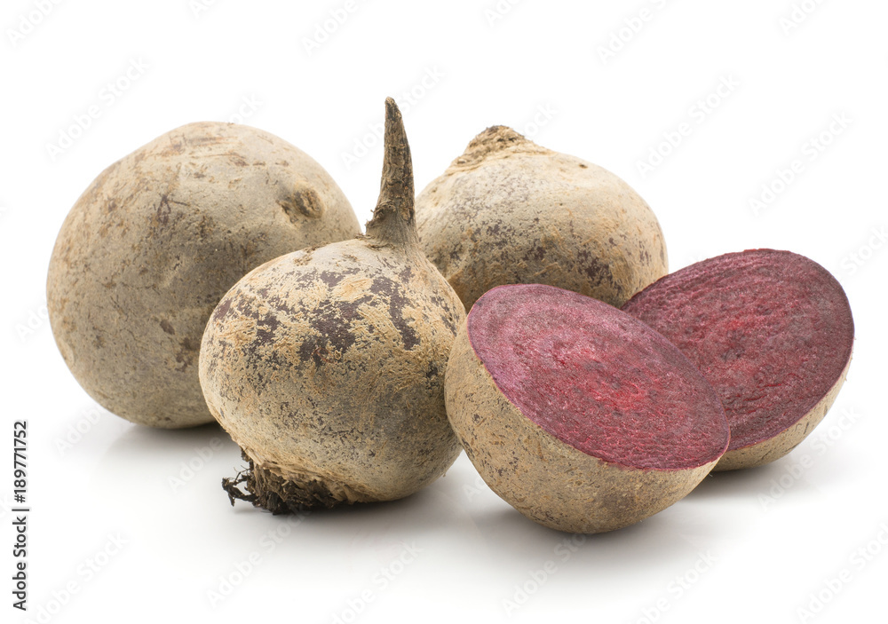 Beetroot (raw red beet) set isolated on white background three bulbs and two sliced halves. Beetroot (raw red beet) set isolated on white background three bulbs and two sliced halves.