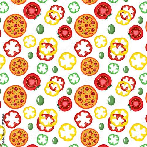 Vector pattern with pizza and vegetables isolate on white background. Art illustration design