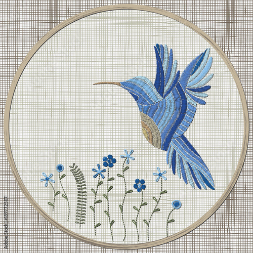 Embroidery blue bird and flowers. Vector Embroidery home decor, ornament for textile, fashion, fabric pattern. Linen cloth texture.