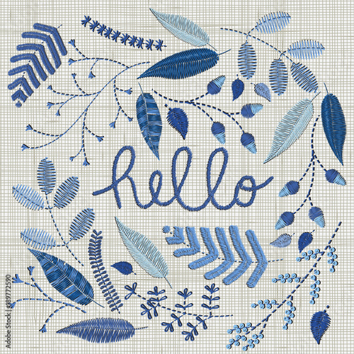 Set of Embroidery floral elements, leaves, twigs, berries, flowers, meadow. Colorful hoop art is centered around lettering. Doodles. Vector.