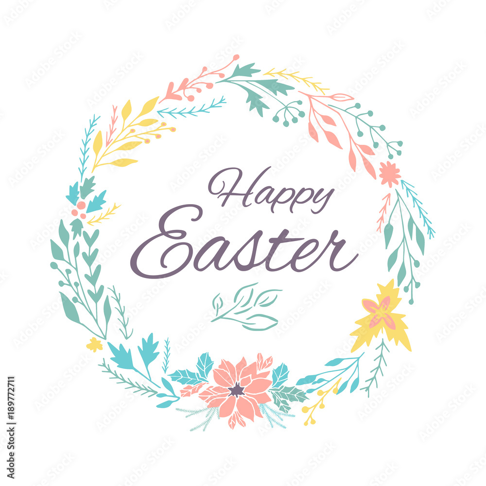 Easter banner background, template with beautiful spring flowers, wreath, leaves and lettering
