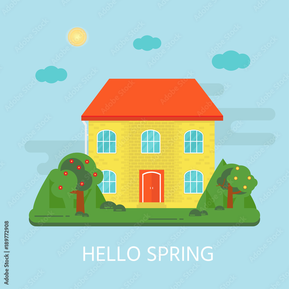 Abstract background with cozy home, house, cottage, with text hello spring. Modern building with tree.