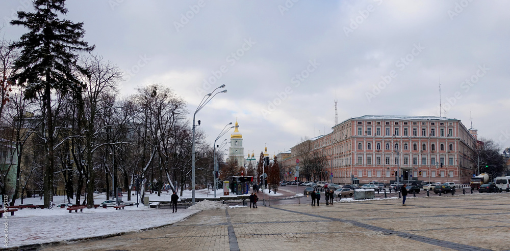 View of St. Sophia Cathedral from St. Michael's Square in Kiev in winter