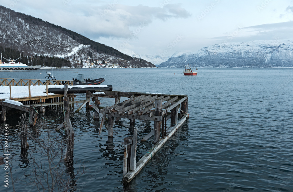 View of the harbor of Lyngseidet in Troms county, Norway