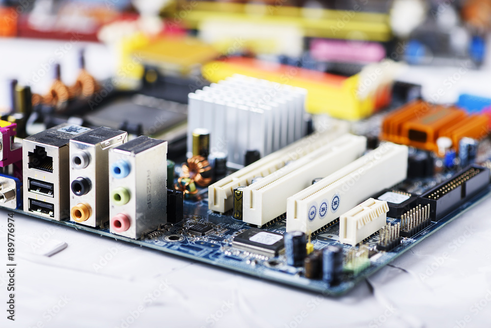 Closeup on electronic board in hardware repair shop Closeup on electronic board in hardware repair shop