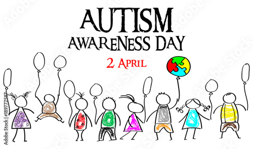 Autism Awareness Month. Multicolored puzzle in the form balloons. Doodle kids with balloons.