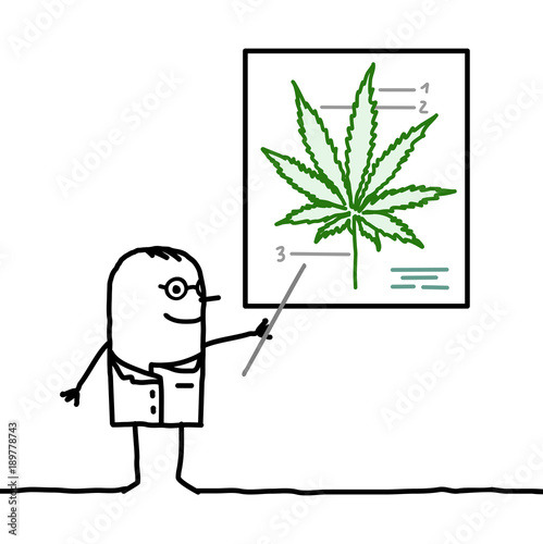 Cartoon Doctor Showing a Cannabis Leaf