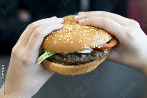 Hamburger tutan   ocuk elleri