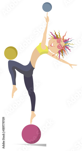 Smiling cartoon young woman do exercises with the ball vector illustration. Funny young woman with multicolor hair standing on the ball and doing exercises with the balls
