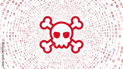 Red skull icon form red binary tunnel on white background. Cyber crime concept. Seamless loop. More icons and color options available in my portfolio.