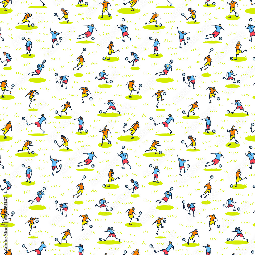 Background with soccer players with ball . Seamless pattern of minimalistic doodle sportsmen in action.