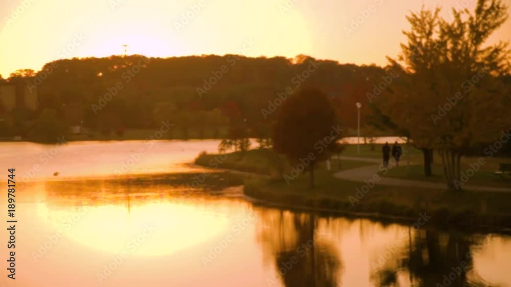 Panning shot of a park and pond Panning shot of a park and pond