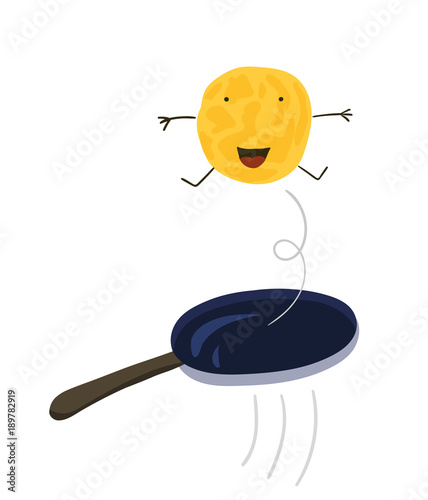 A pancake jumping in the frying pan. Vector Illustration For Shrovetide