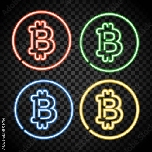 neon bitcoin symbol isolated on black background. Light effect. Digital money, mining technology concept. Laser beam crypto currency logo. Vector icon.
