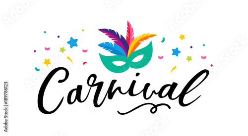 Carnival poster, banner with colorful party elements - mask, confetti, stars and splashes