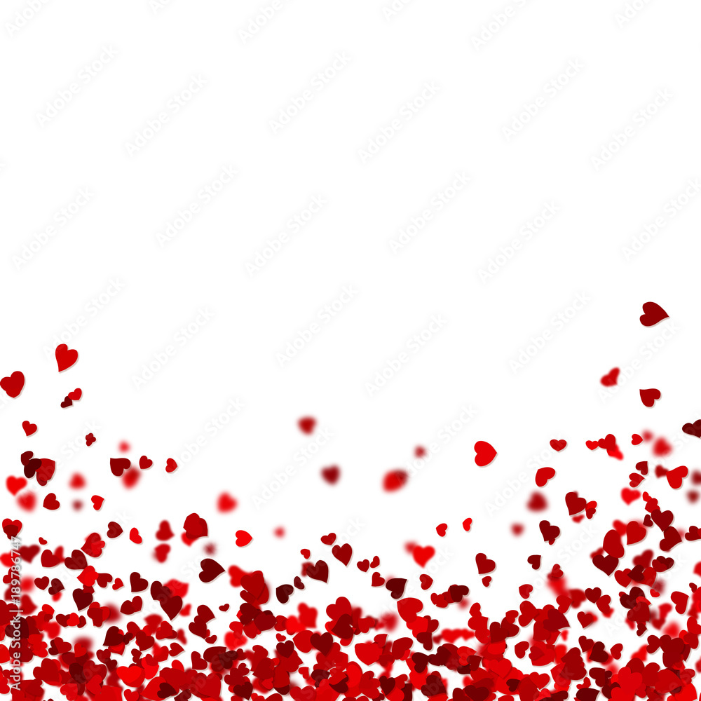 Red hearts falling on white background