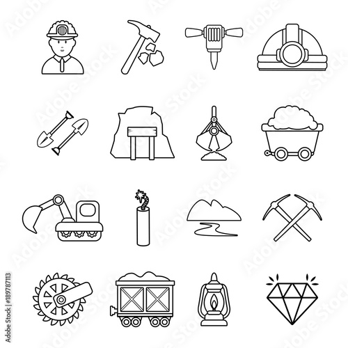 Mining minerals business icons set, outline style