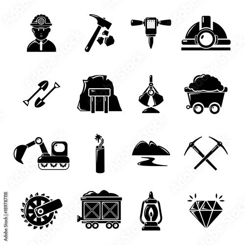 Mining minerals business icons set, simple style