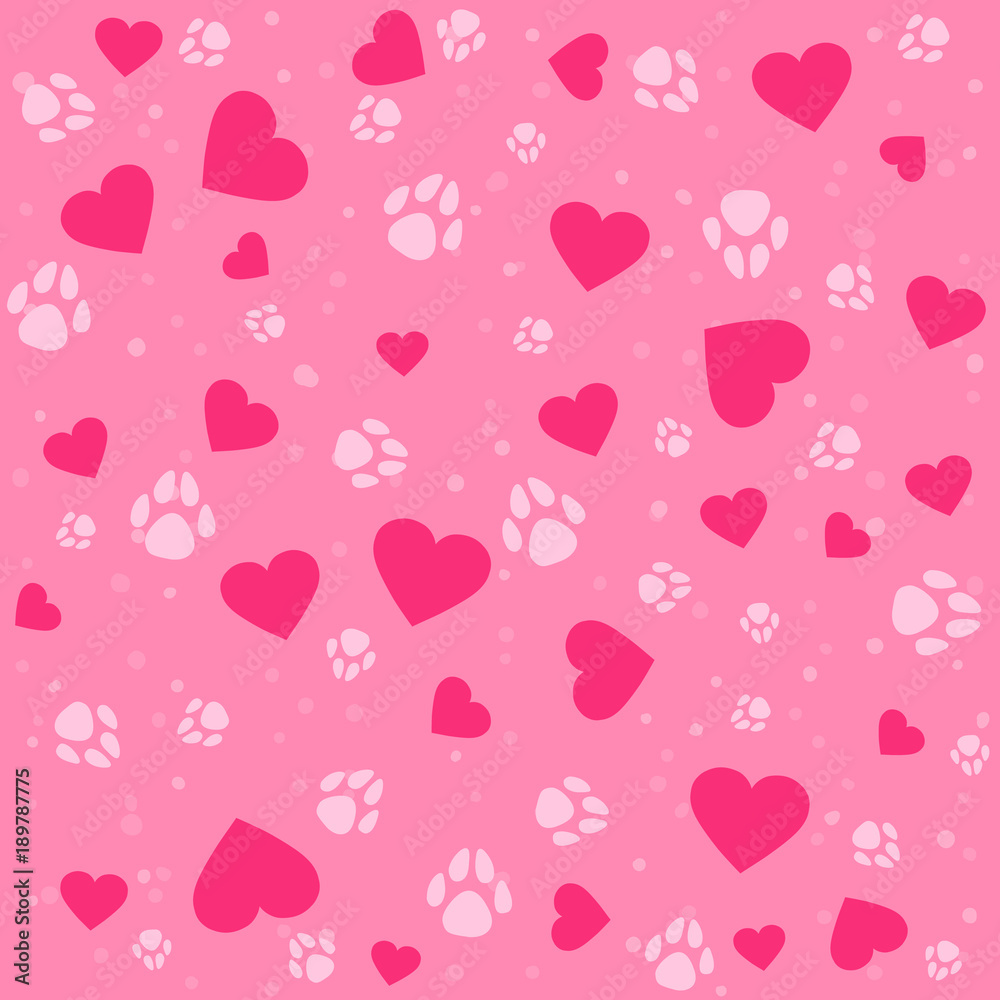 Seamless lovely pattern with small hearts and paw prints dog. Vector cute pets background. Gift wrap, print, cloth, cute background for a card.