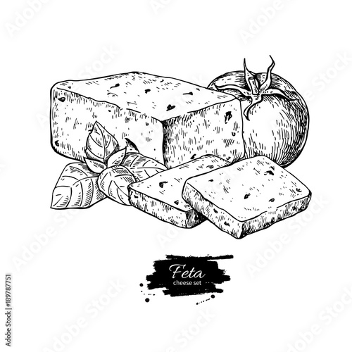 Greek feta cheese block drawing. Vector hand drawn food sketch