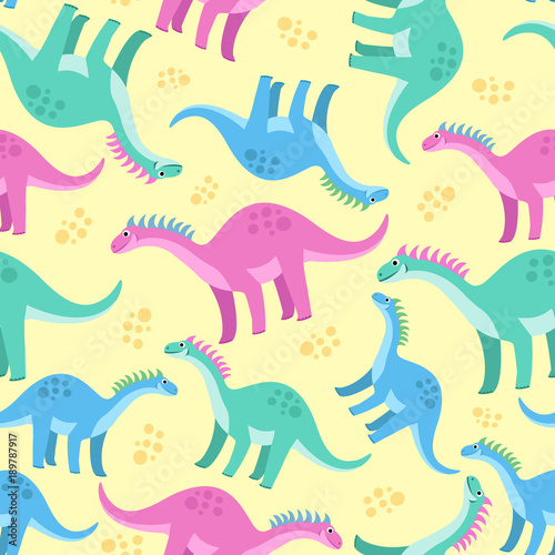 Fototapeta Naklejka Na Ścianę i Meble -  Cute colorful seamless pattern with dinosaurs on yellow background. Bright background for kids. Vector illustration for textile manufacturing, notebooks etc