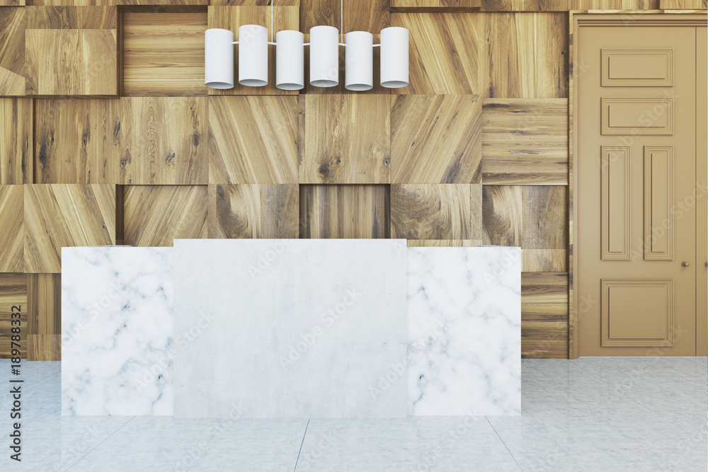White reception in a wooden office, close up White reception in a wooden office, close up