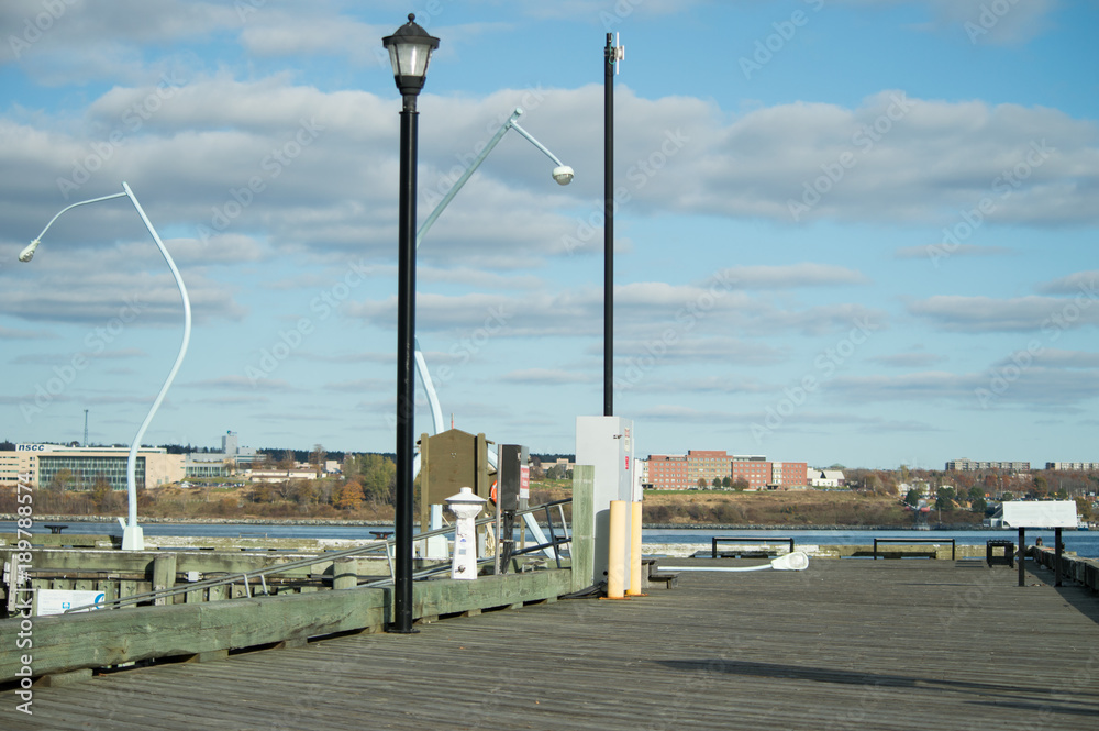 A sight of Halifax´s waterfront art, curved street lamps, Nova Scotia, Canada. A nice de-stressing walk for a sunny day
