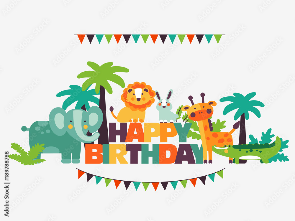Fototapeta premium Happy birthday - lovely vector card with funny cute animals and garlands