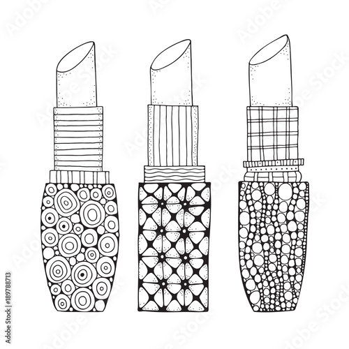 Set of lipstick in zentangle style. Coloring book page for adult. Black and white patterns. Girl's accessyare.