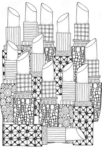 Pattern with lipstick in zentangle style. Coloring book page for adult. A4 size. Black and white patterns. Girl's accessyare.