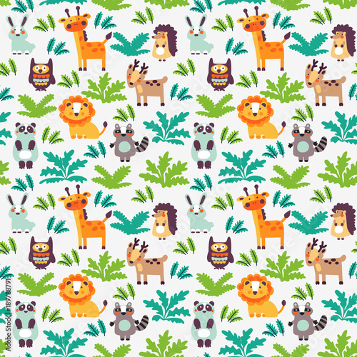 Funny animal seamless vector pattern with white background made of wild animals in jungle © cristinn
