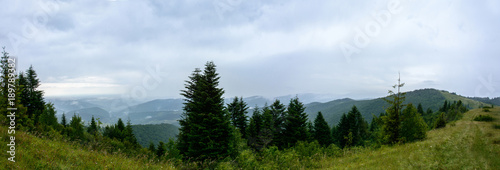 Amazing panorama on the mountain Yavorinka in the Carpathians during the rain