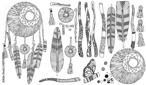 Moon dreamcatcher constructor. Creation set of wooden branches, Painted Sticks, Feathers, flowers. Doodle black and white vector, tribal.