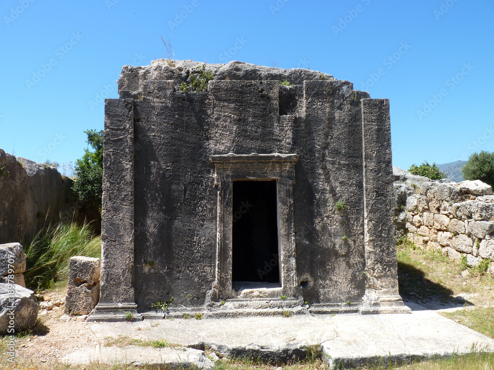 Rock-cut Doric tomb in Kas on the Lycian Way, Turkey